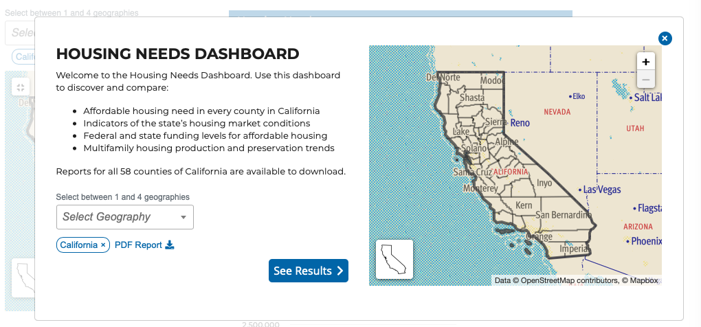 Housing Needs Dashboard CA welcome screen