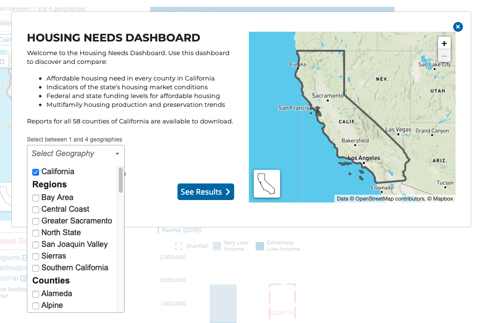 Screenshot of Housing Needs Dashboard list of regions